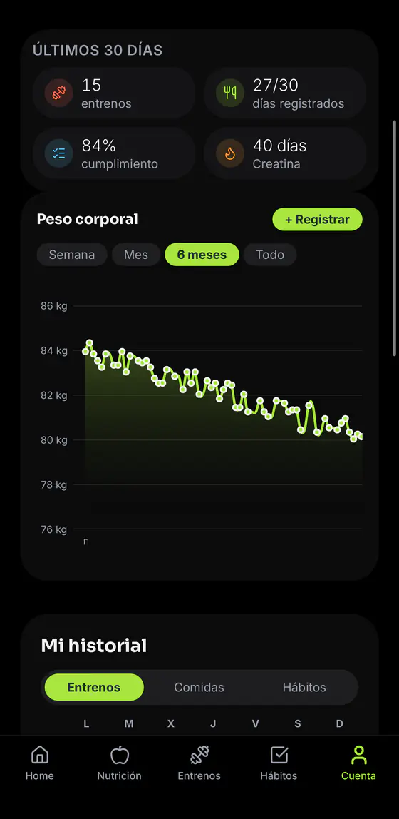 Pantalla de progreso de SOLUM con los últimos 30 días, la gráfica de peso corporal y el historial.